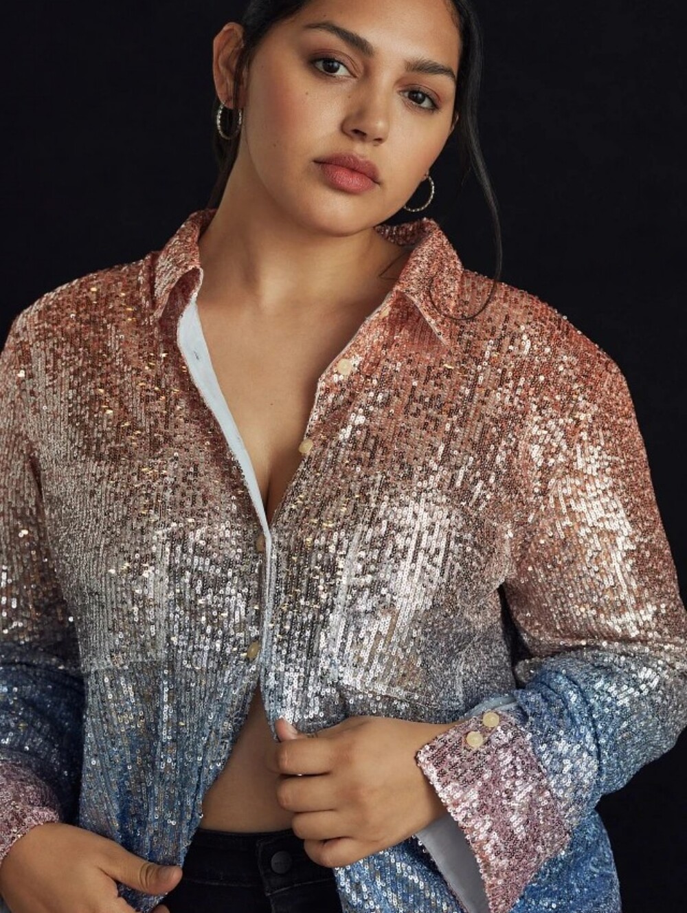 Anthropologie NWT Rose To Blue Ombre Full Sequin Button Up Shirt Small Petite